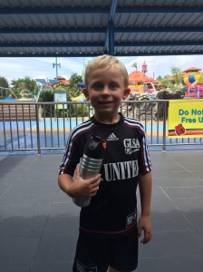 After his first day at soccer, ready to join in the fun at the waterpark